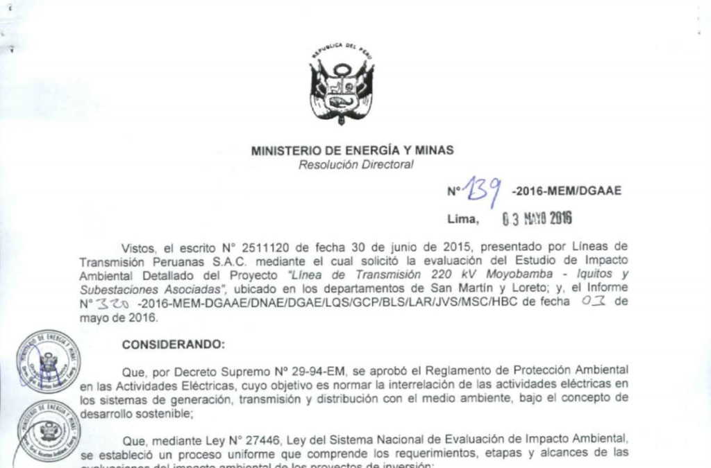 Viceministerio de Energía declara la nulidad de la desaprobación de EIA de Línea de Transmisión Moyobamba-Iquitos