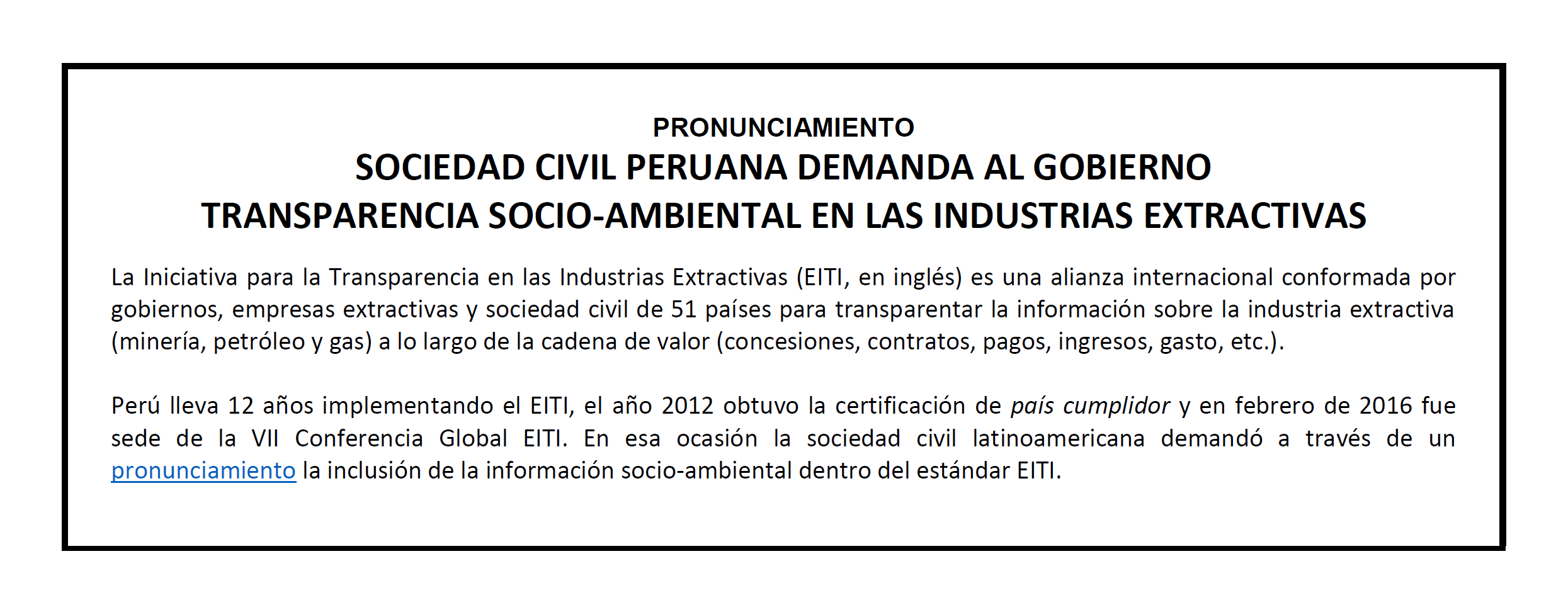 Pronunciamiento: Sociedad civil peruana demanda al Gobierno  transparencia socio-ambiental en las industrias extractivas