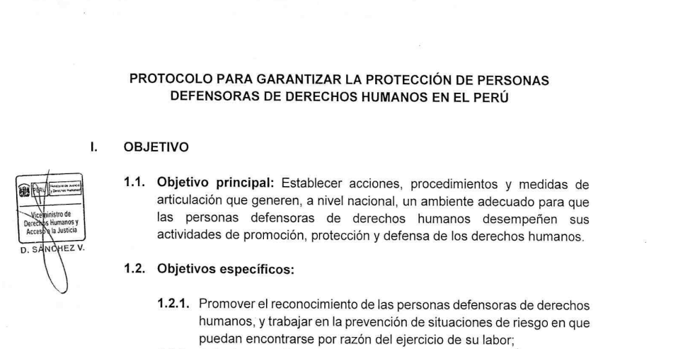 Ministerio de Justicia y Derechos Humanos aprueba protocolo para garantizar la protección de Personas Defensoras en Derechos Humanos