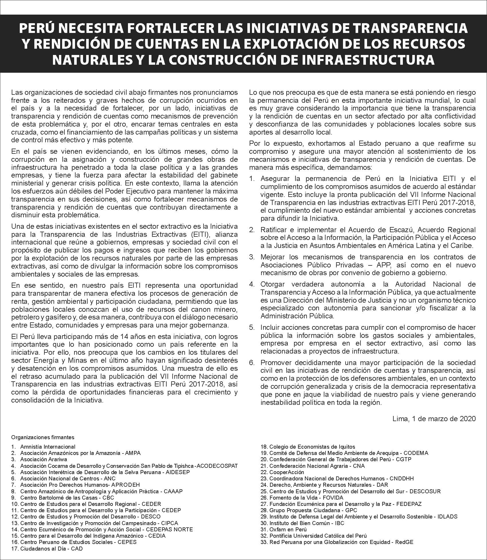 PRONUNCIAMIENTO: Perú necesita fortalecer las iniciativas de transparencia y rendición de cuentas en la explotación de los recursos naturales y la construcción de infraestructura