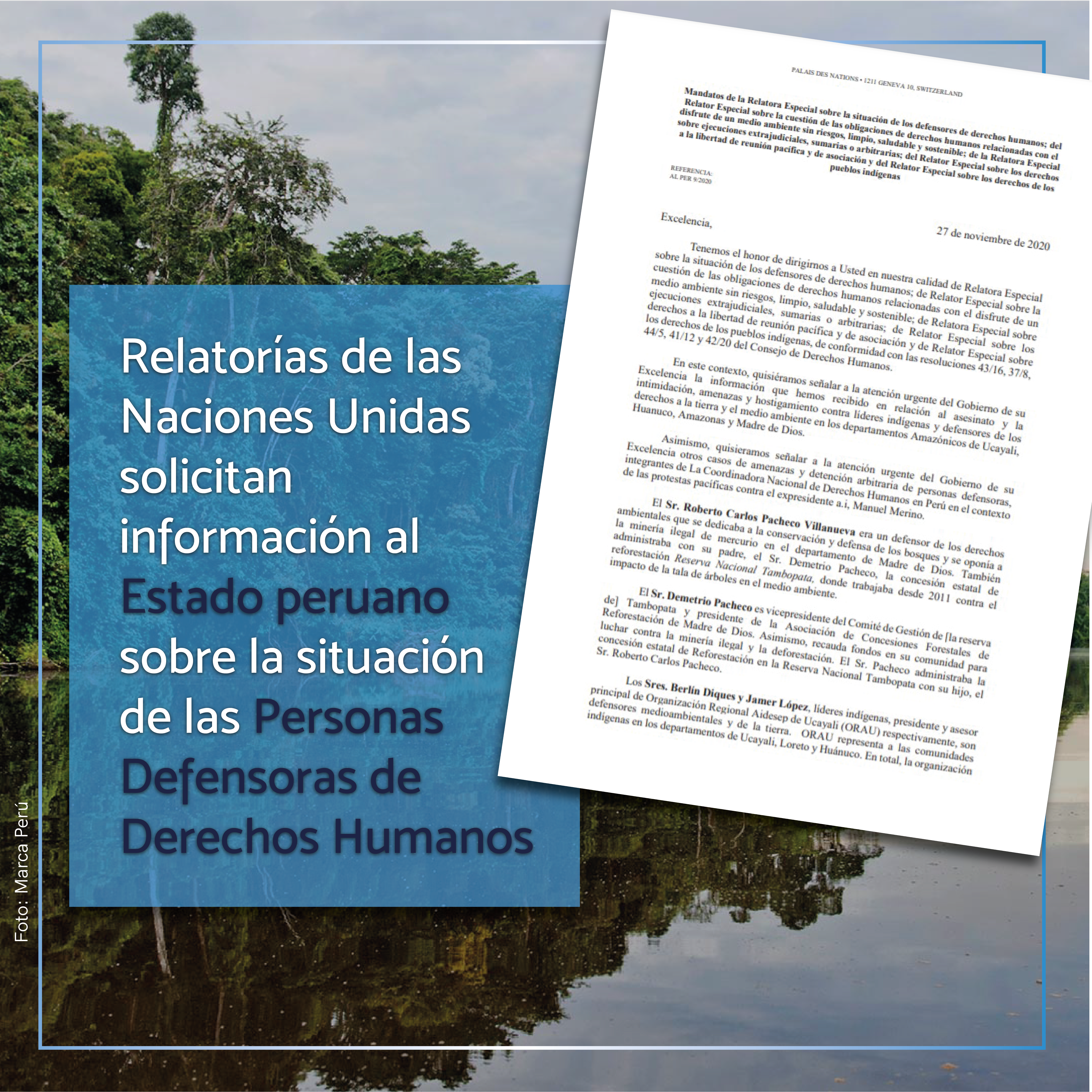Relatorías de las Naciones Unidas solicitan información al Estado peruano sobre la situación de las Personas Defensoras de Derechos Humanos