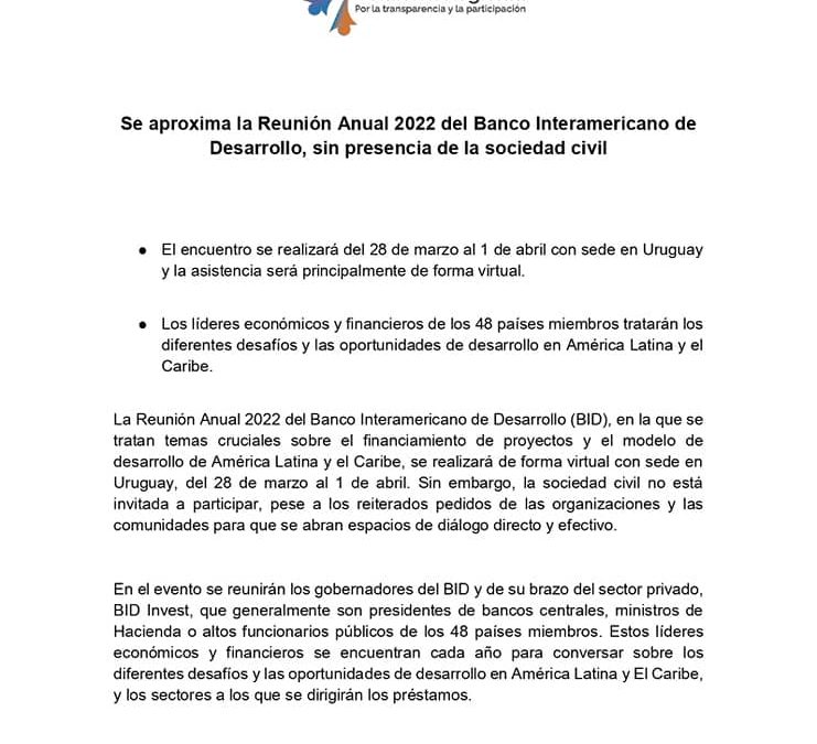 Comunicado: Se aproxima la Reunión Anual 2022 del Banco Interamericano de Desarrollo, sin presencia de la sociedad civil
