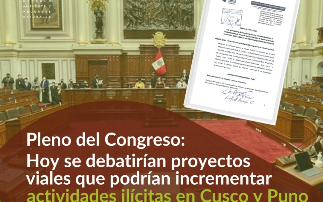 Pleno del Congreso: Hoy se debatirían proyectos viales que podrían incrementar actividades ilícitas en Cusco y Puno